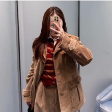 미우미우 코듀로이와 가죽 소재의 스트레이트 재킷 MH2037   Y