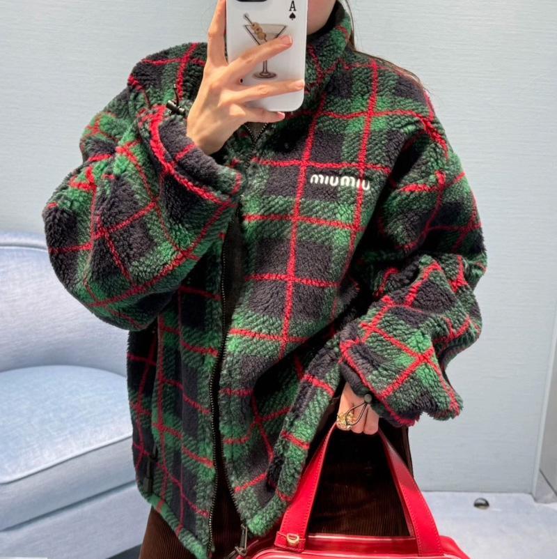 미우미우 체크 테디 플리스 지퍼 재킷  MJL042  Y
