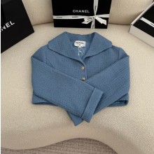 샤넬 26C 크루즈 트위드 자켓 숄 카라넥 숏 재킷 크롭 코튼 블루 P80823  H