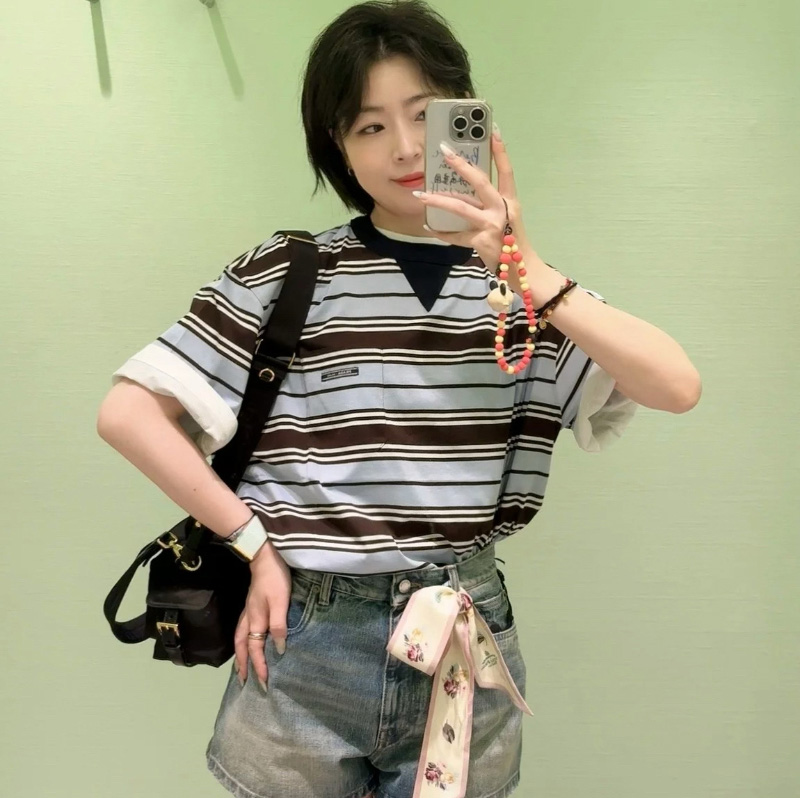 프라다 스트라이프 리슬 코튼 여성 반팔 티셔츠 에보니블루 3961016XT  H