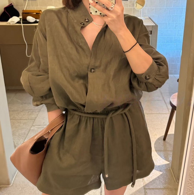 로로피아나 솔리드 긴팔 반바지 점프슈트 여성 그린  FAO04165J42  H