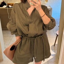 로로피아나 솔리드 긴팔 반바지 점프슈트 여성 그린  FAO04165J42  H