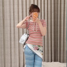 샤넬 26C 크루즈 반팔 니트탑 스트라이프 쇼트 슬리브 티셔츠 코튼 핑크 레드 P80997  D