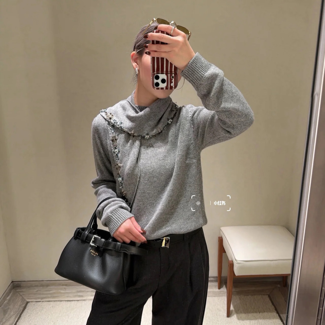 프라다 26FW 여성 자수 스카프 캐시미어 스웨터 그레이 P24F3F  H